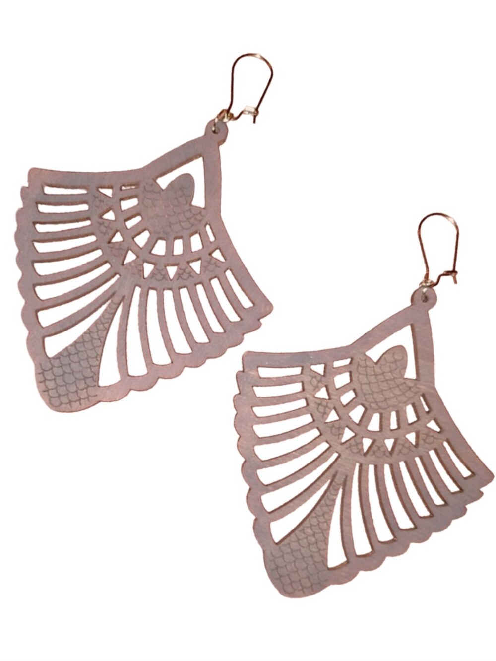 Hand Painted Slate Gray Wood Carved Oversized Grey Fan Earrings Big Bohemian New
